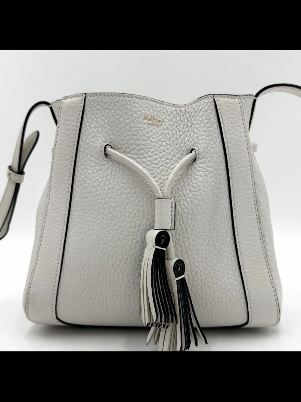 Mulberry White Pebbled Leather Drawstring Crossbody with Tassels
